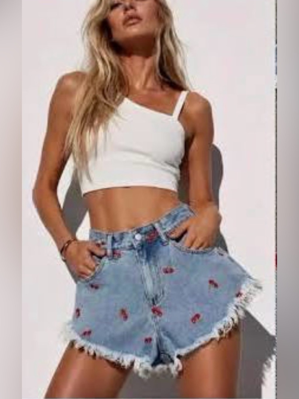Embroidered Red Mushroom High-Rise Denim Shorts - Blue
